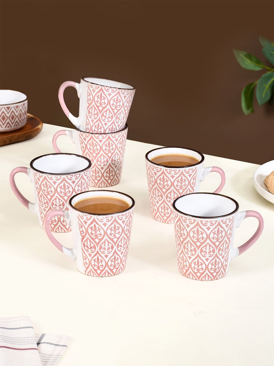 

Nestasia Pink & White 6 Pcs Ethnic Printed Dishwasher Safe Ceramic Matte Cups Set 250ml