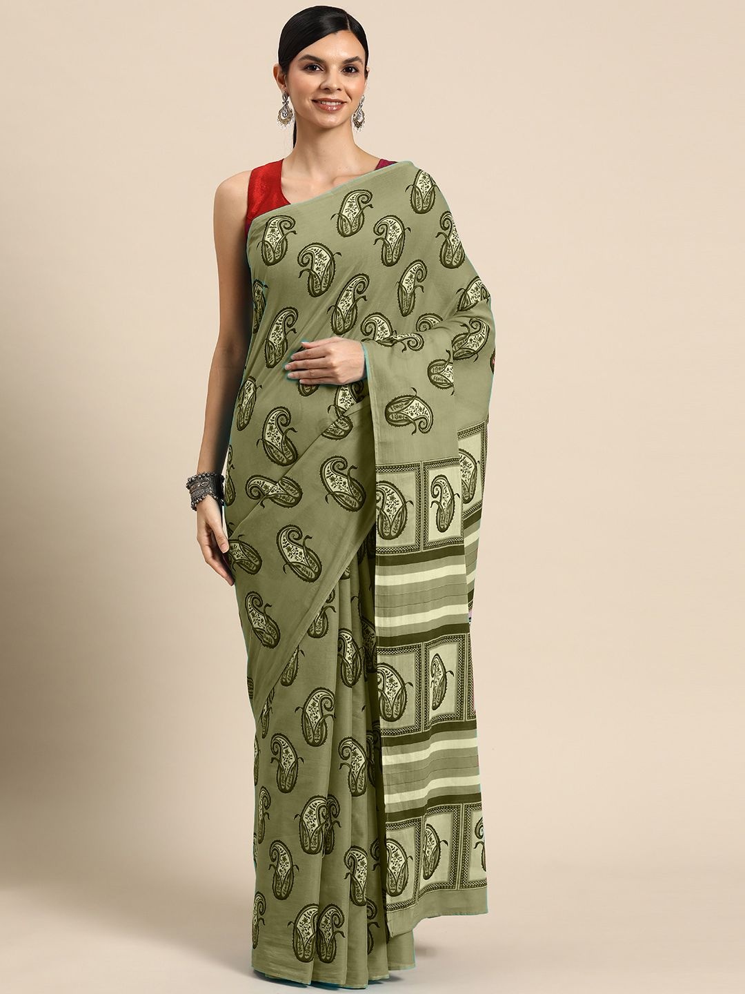 

BUTA BUTI Paisley Pure Cotton Saree, Olive