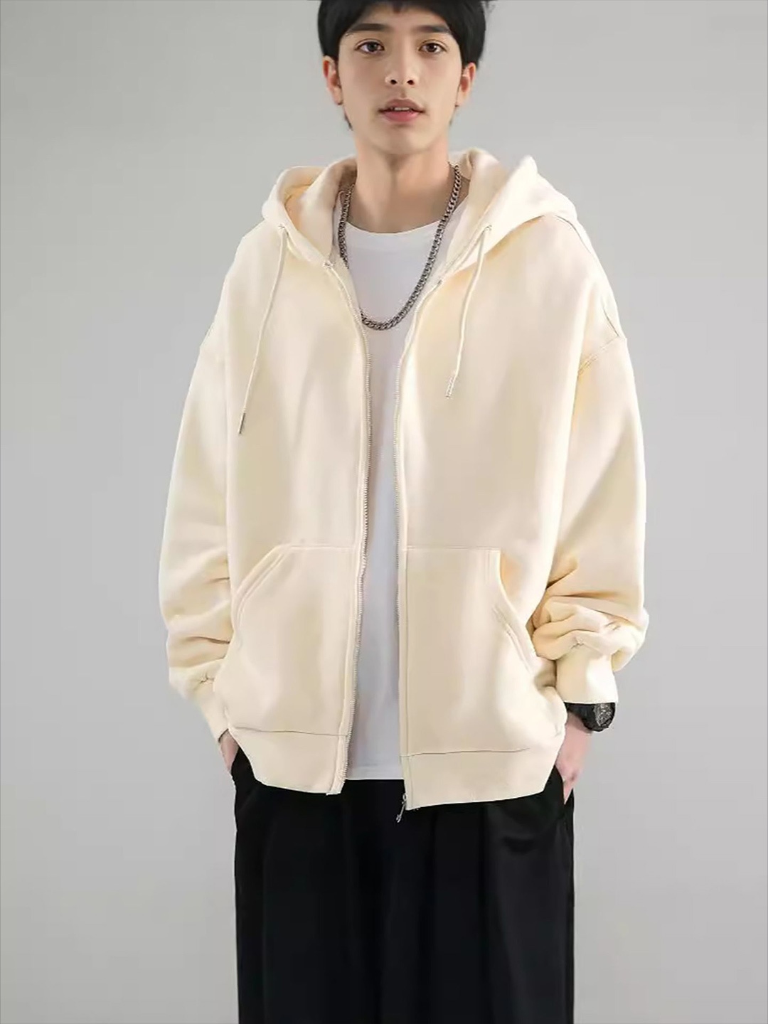 

StyleCast x Revolte Men Solid Hood Front-Open Sweatshirt, Beige