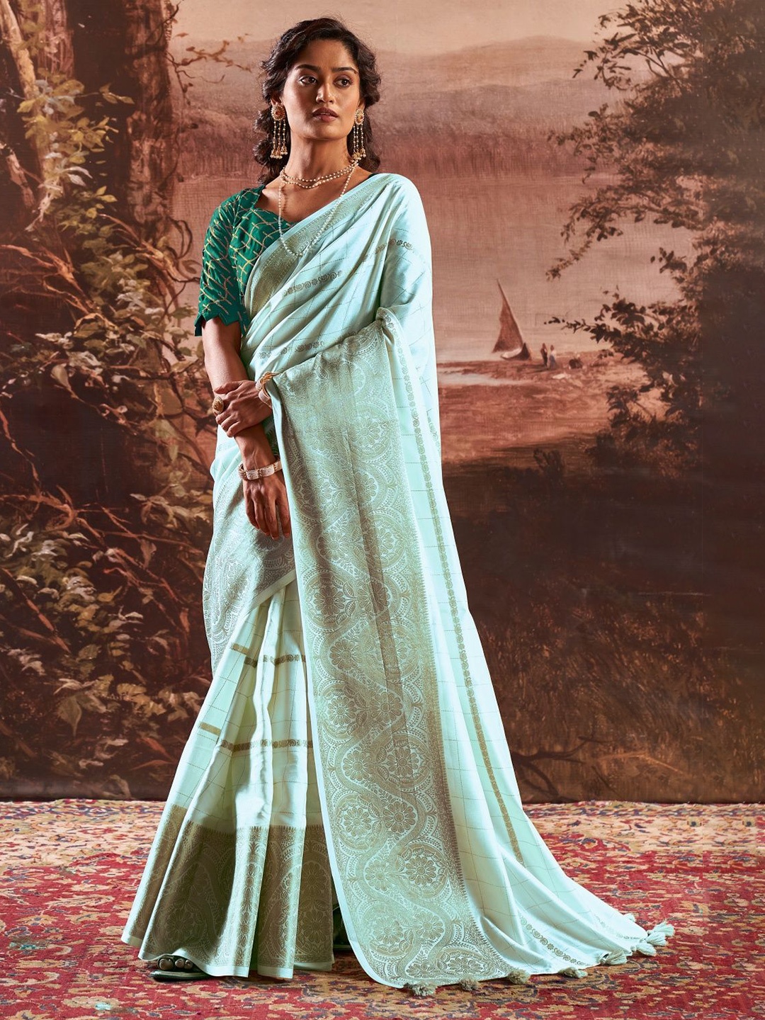 

CHUDIYA Checked Woven Design Saree, Blue