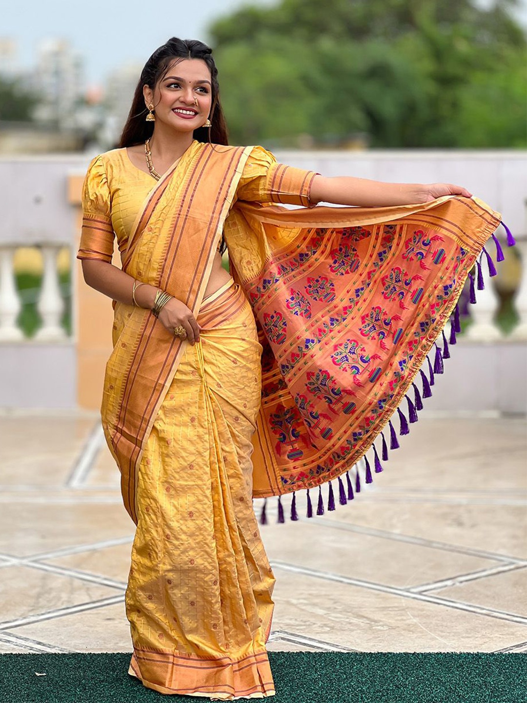 

Ishin Ethnic Motifs Woven Design Zari Paithani Saree, Yellow