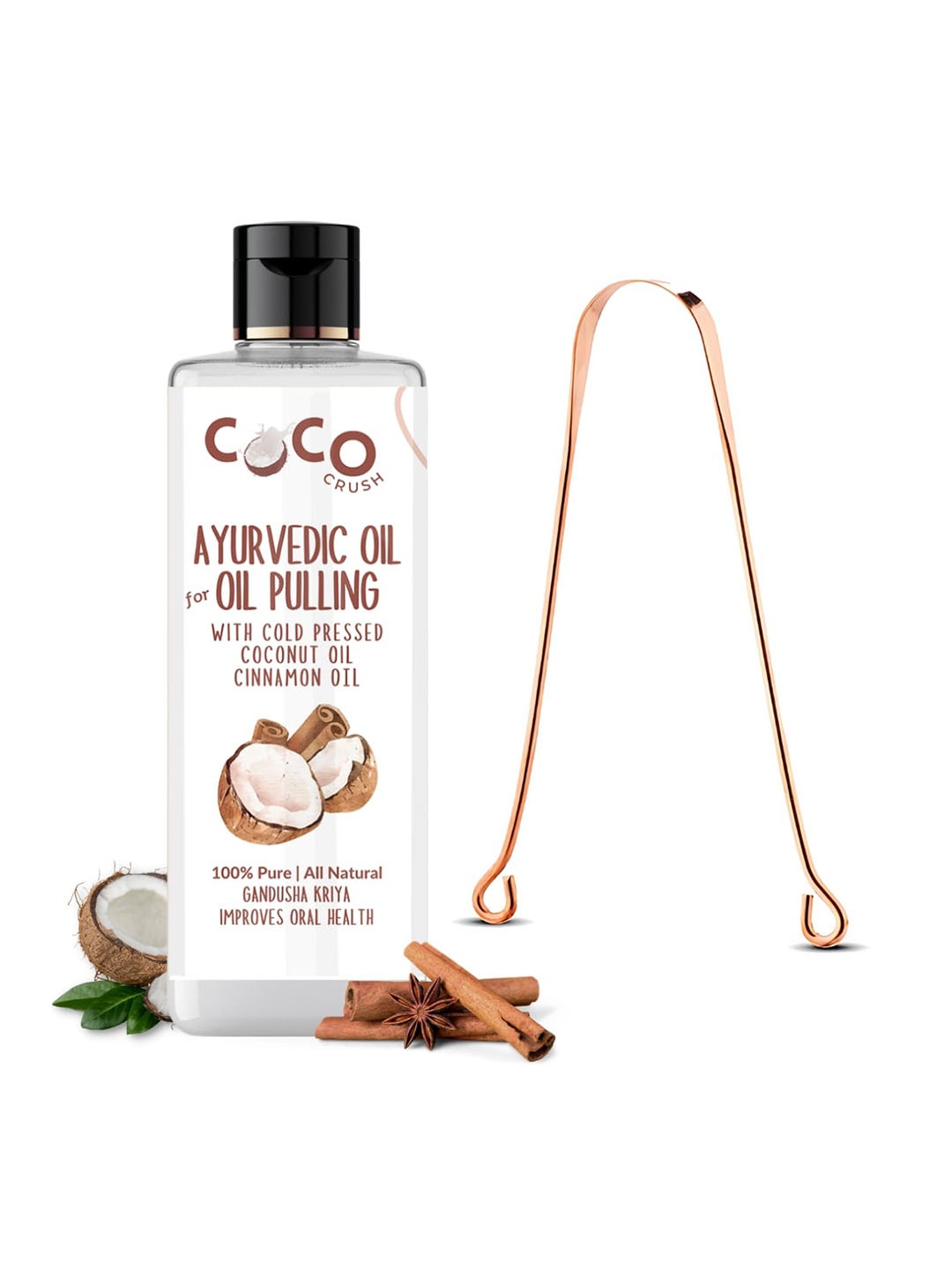 

Coco Crush Ayurvedic Coconut & Cinnamon Oil For Pulling With Copper Tongue Cleaner -100ml, Transparent
