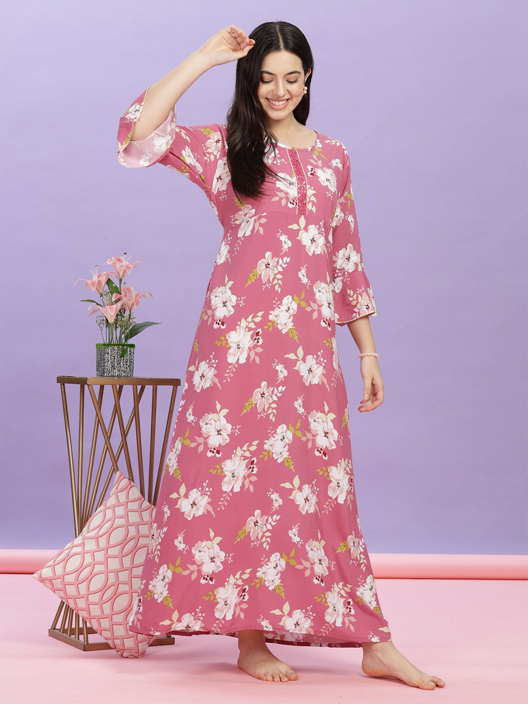 

9shines Label Printed Maxi Nightdress, Pink