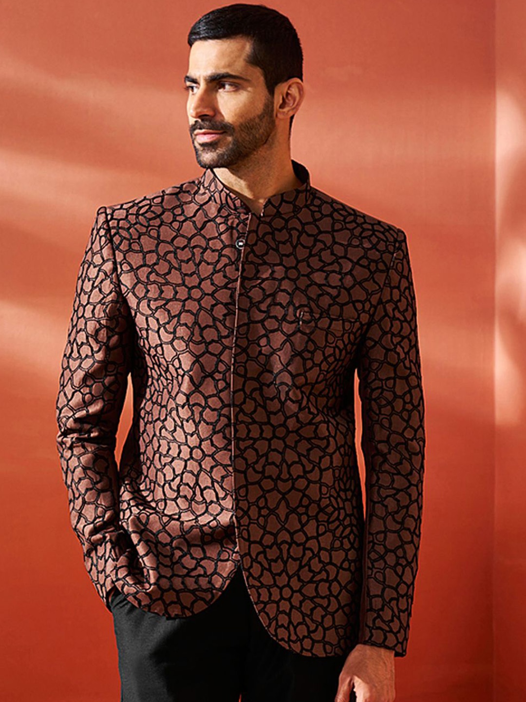 

VASTRAMAY Embroidered Slim-Fit Bandhgala Blazer, Rust