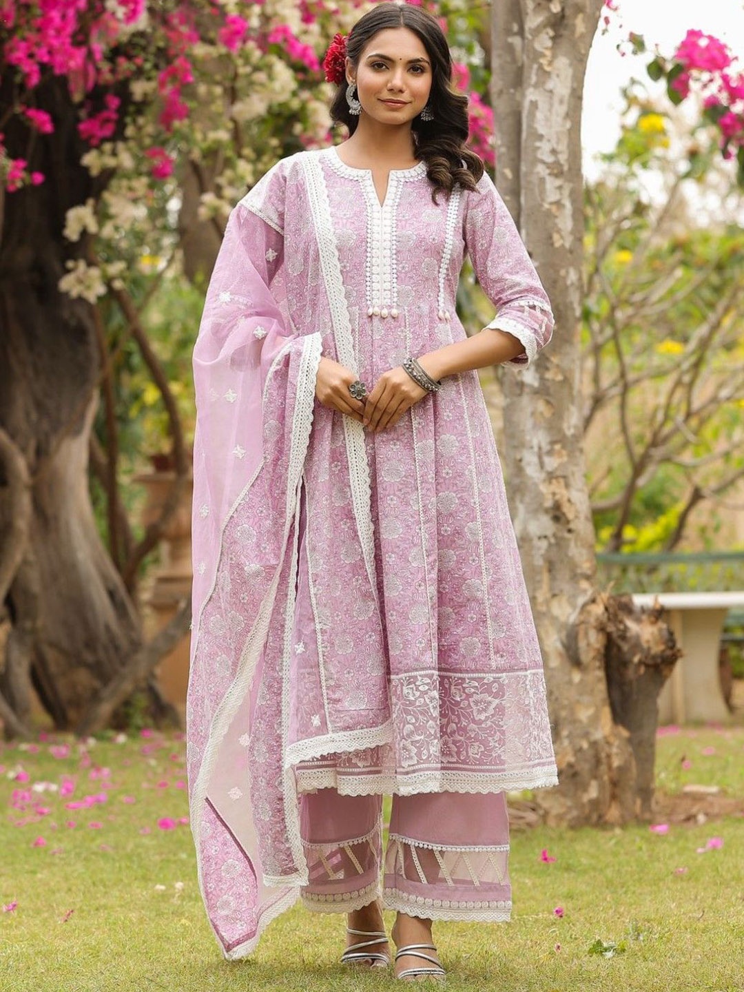 

AUTUMN LANE Floral Printed Pure Cotton Anarkali Kurta With Palazzos & Dupatta, Pink