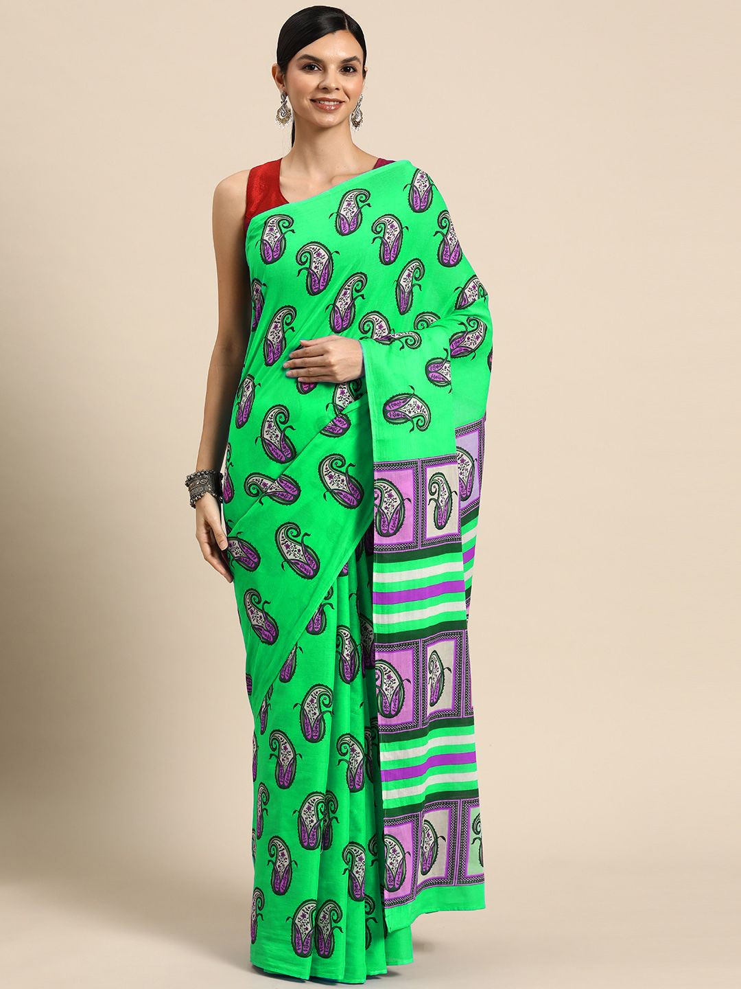 

BUTA BUTI Paisley Pure Cotton Saree, Green