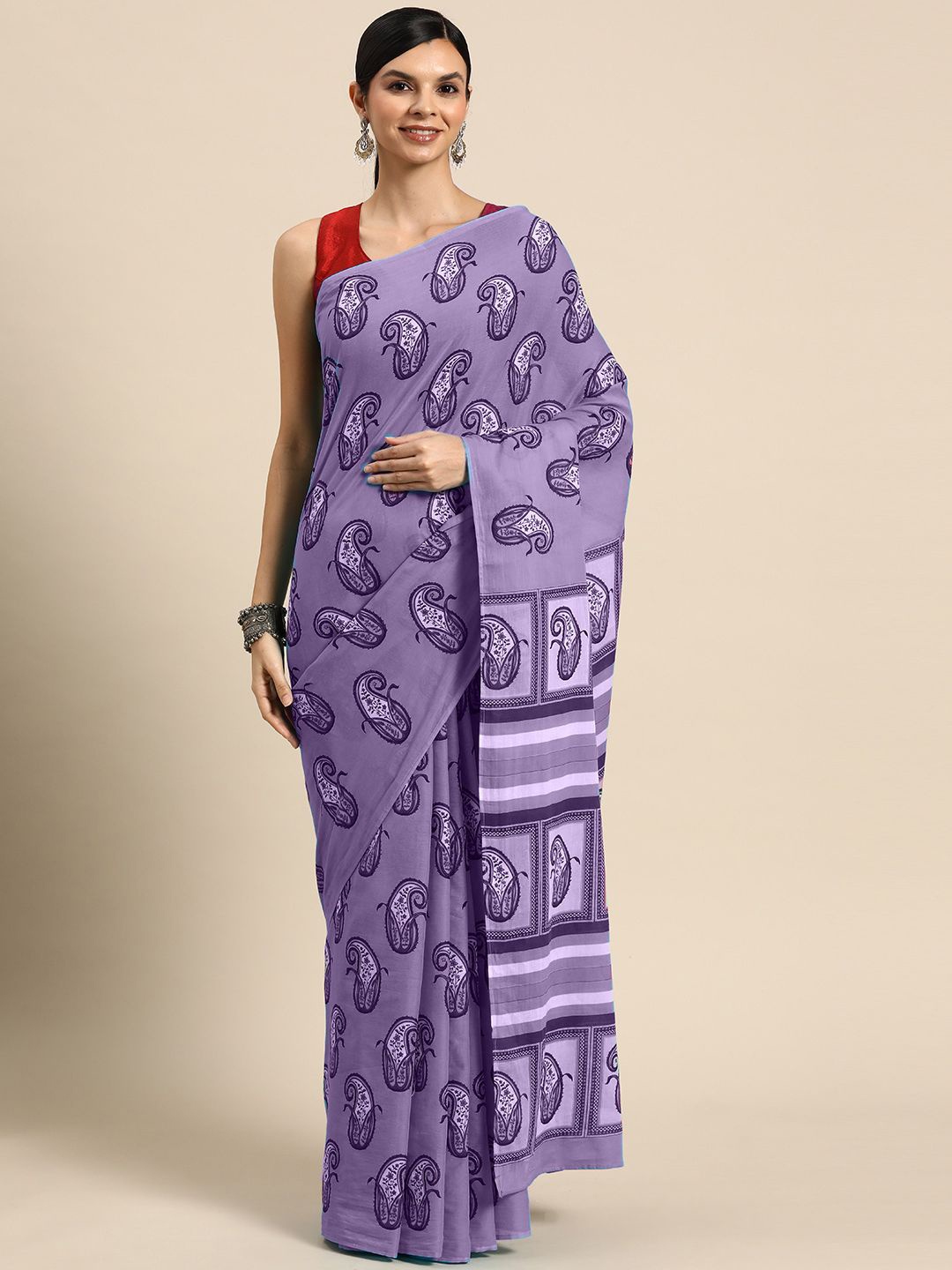 

BUTA BUTI Paisley Printed Pure Cotton Saree, Purple