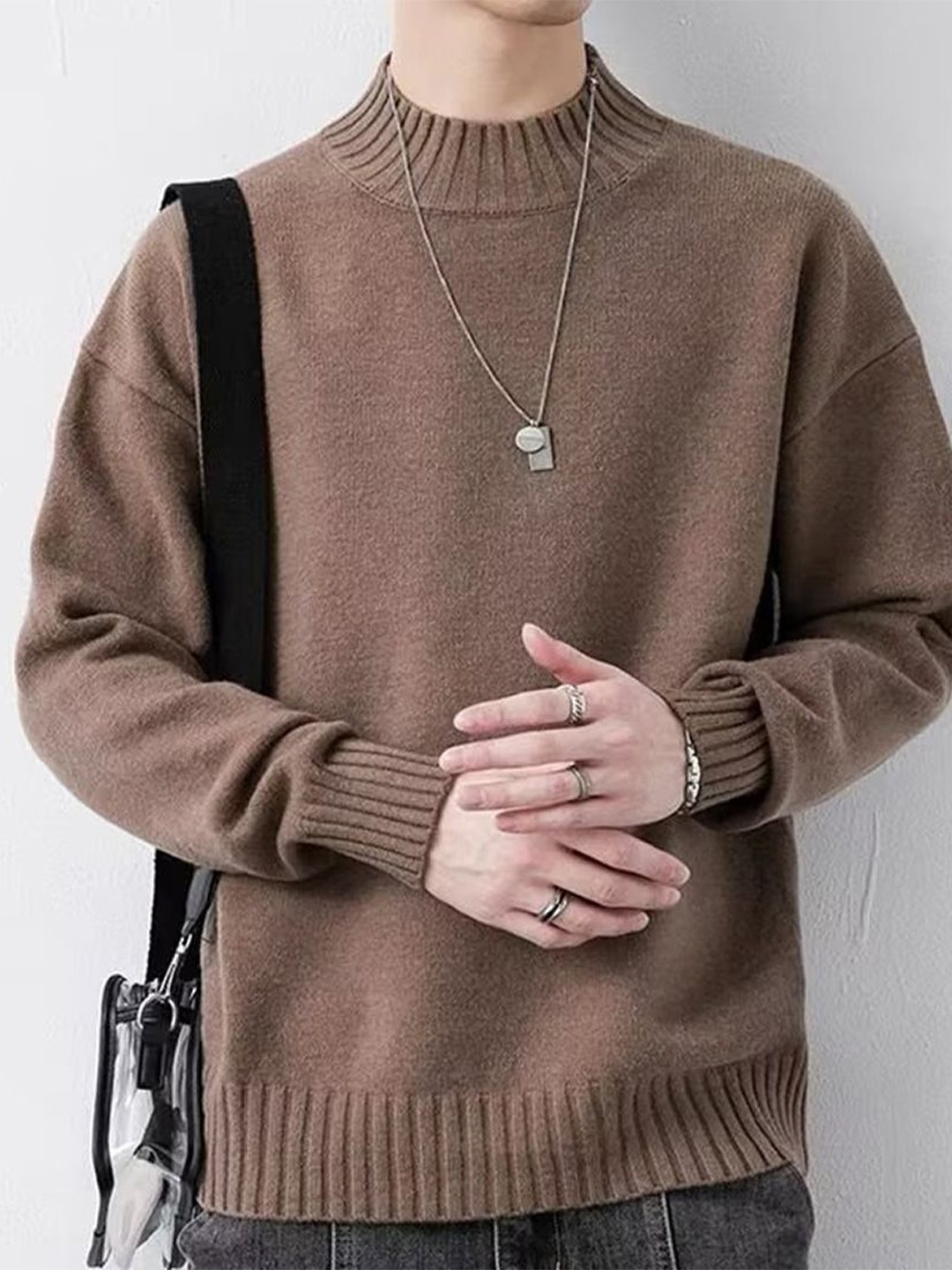 

StyleCast x Revolte Men Self Design Mock Collar Pullover, Brown