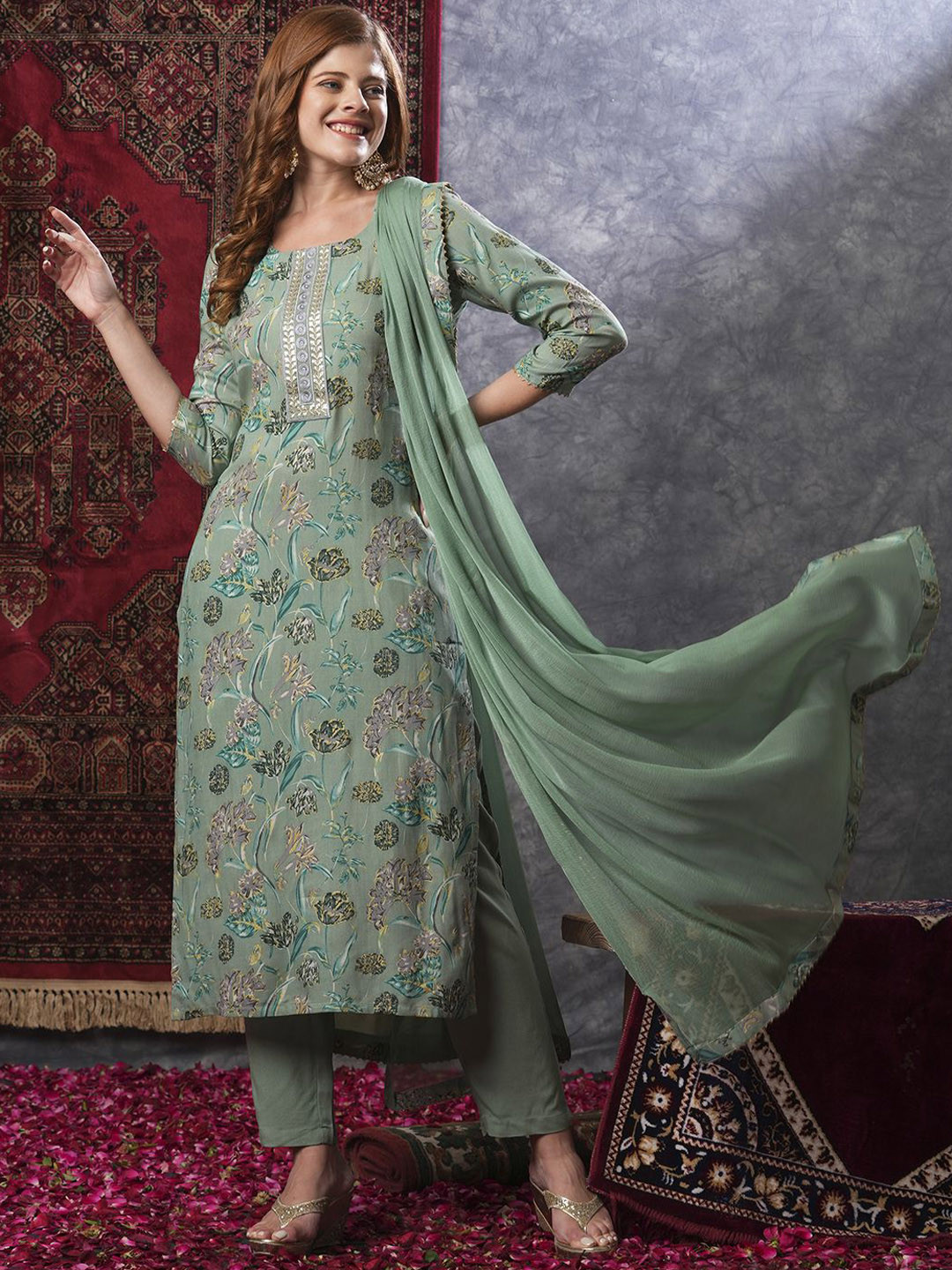 

KALINI Women Floral Printed Straight Kurta With Trousers & Dupatta, Green