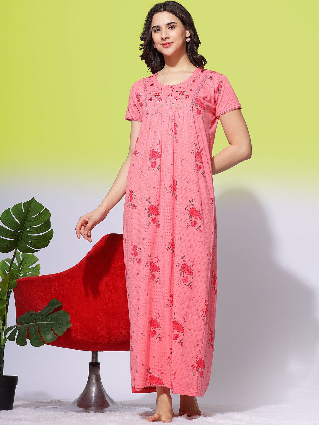 

9shines Label Women Floral Printed Maxi Nightdress, Pink