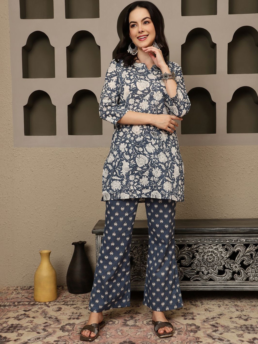 

Sangria Printed Pure Cotton Tunic With Trouser, Blue