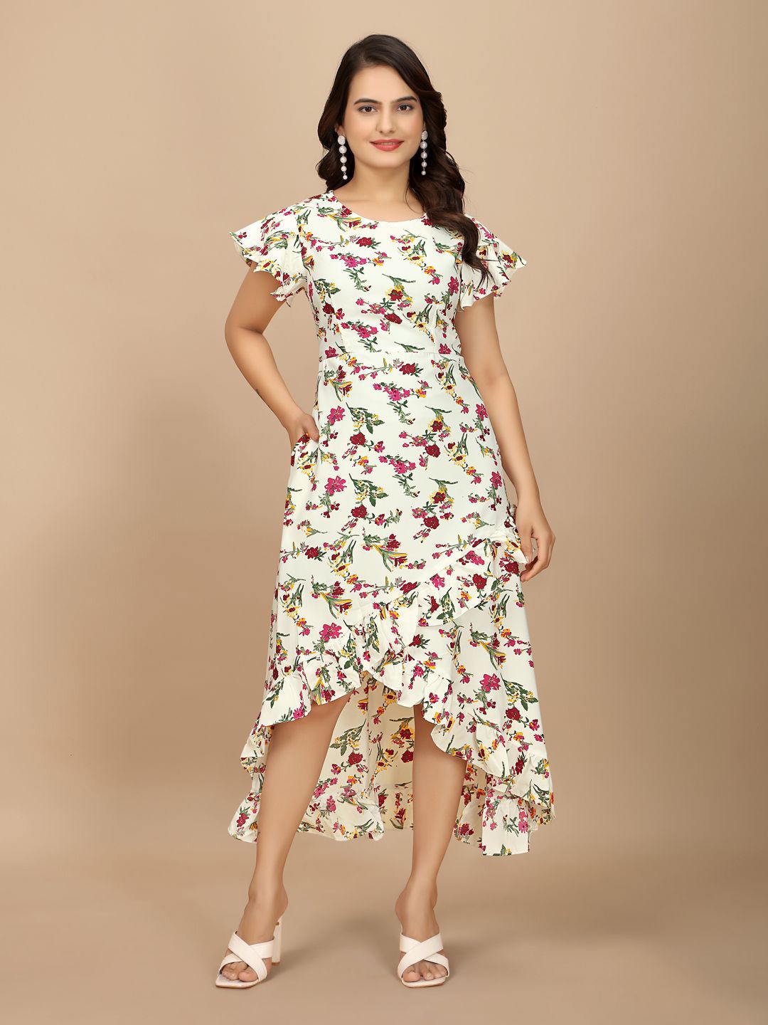 

BAESD Women Floral Printed Puff Sleeve Crepe Maxi Dress, White