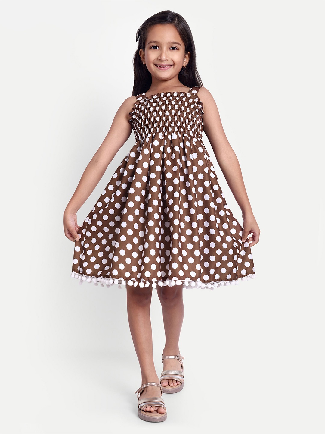 

FEBVIBE Girls Polka Dot Printed Smocked Fit & Flare Dress, Brown