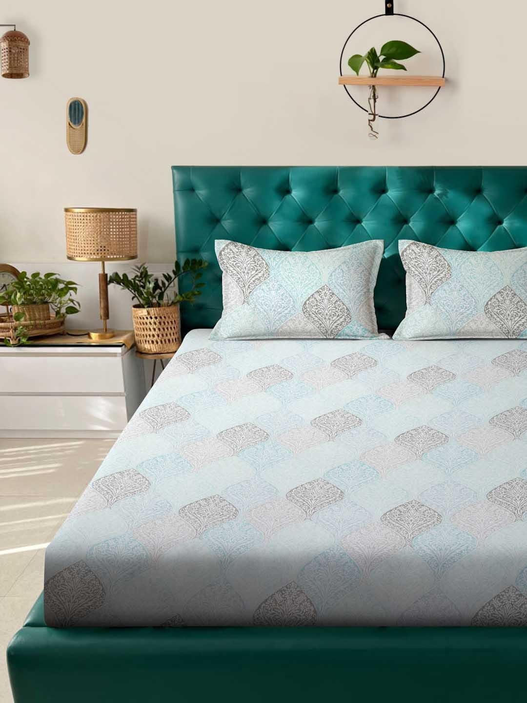

ROSARA HOME Blue & Off White 144 TC King Cotton Bedsheet with 2 Pillow Covers