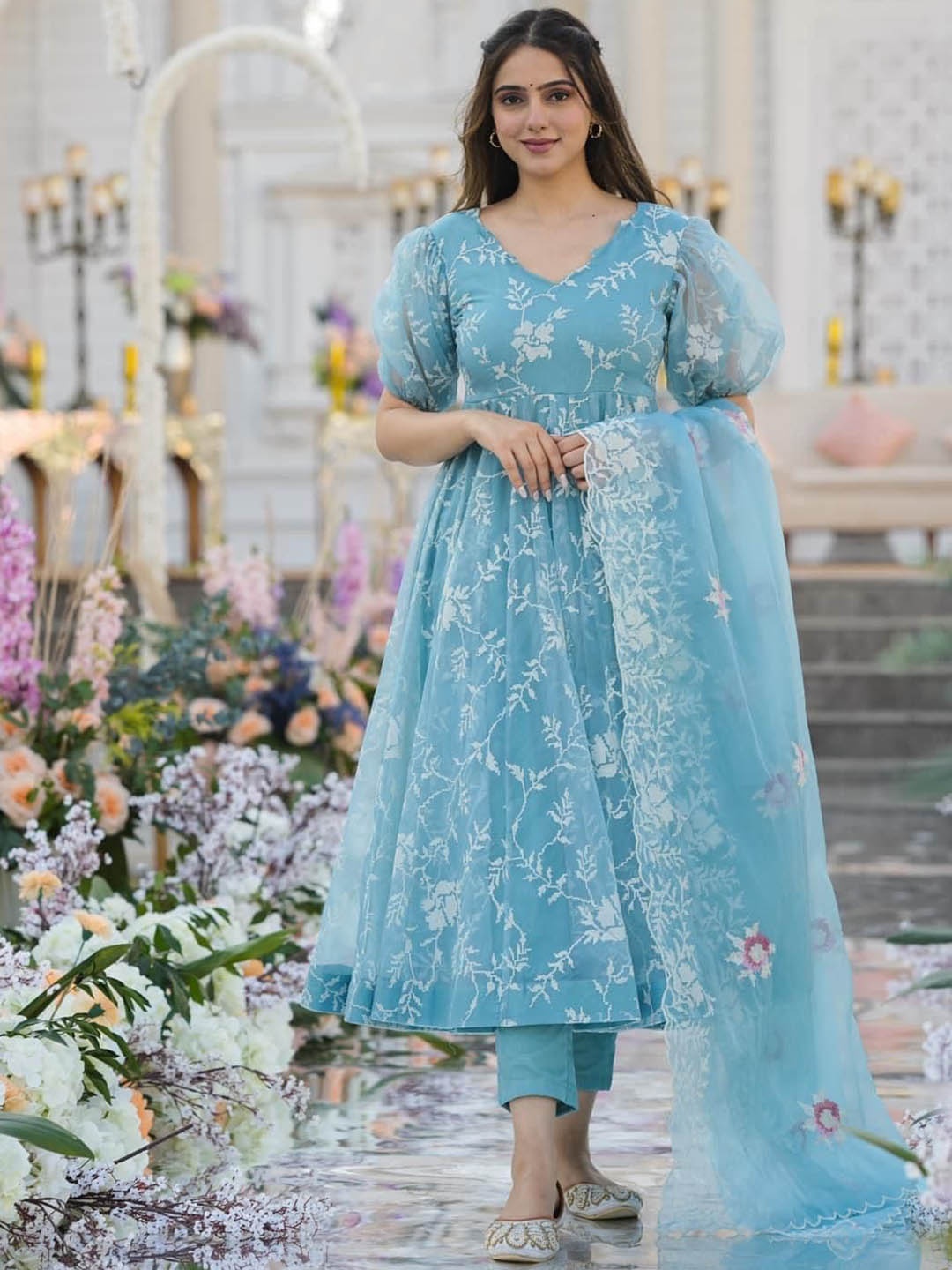 

VEDIKA FASHION HUB Floral Embroidered Anarkali Kurta with Trousers & With Dupatta, Blue