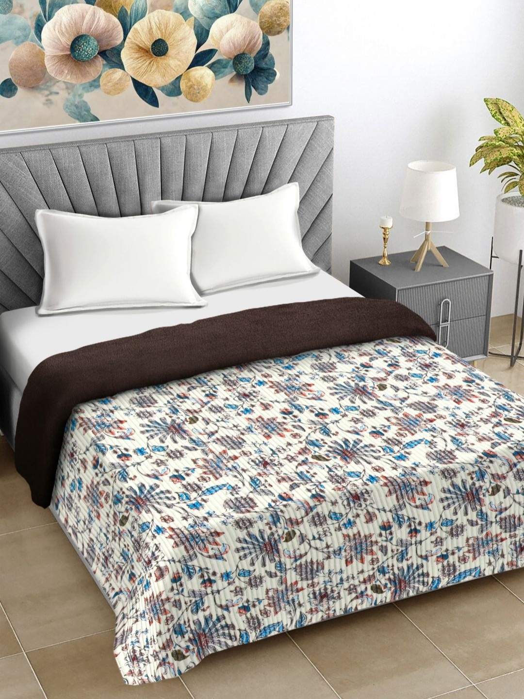 

FABINALIV Off White & Blue Floral Printed Woollen Mild Winter 400 GSM Double Bed Comforter