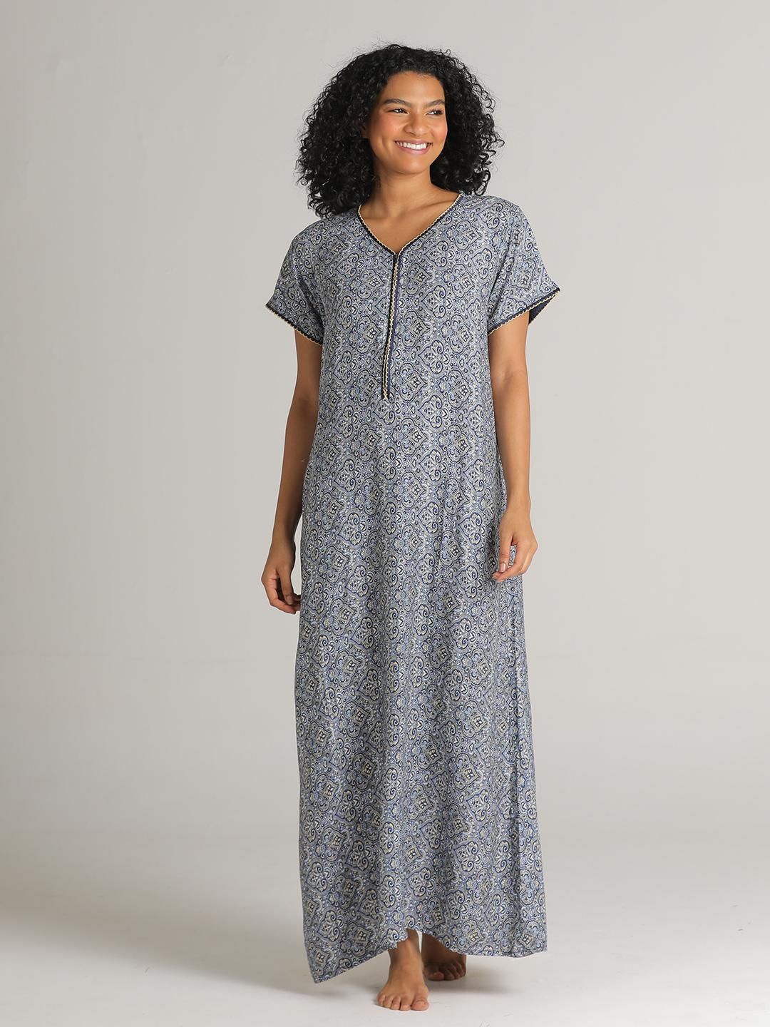 

evolove Ethnic Motifs Printed Maxi Nightdress, Grey