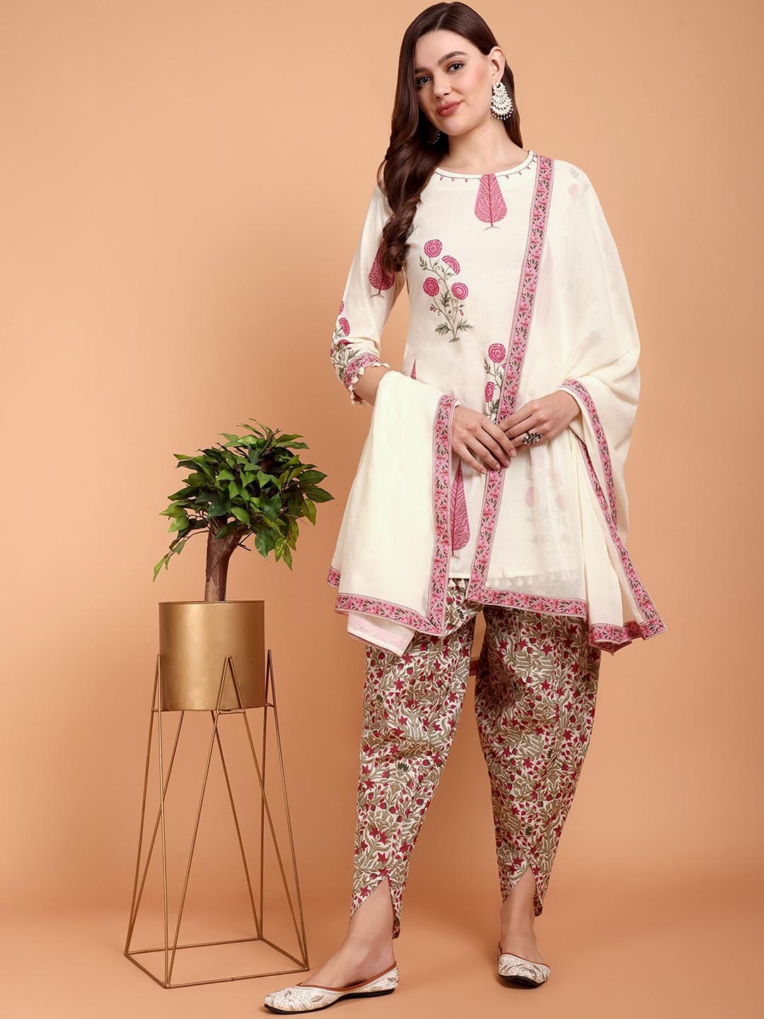 

Atha Fashion Floral Printed Pure Cotton Straight Kurta With Dhoti Pants & Dupatta, Off white