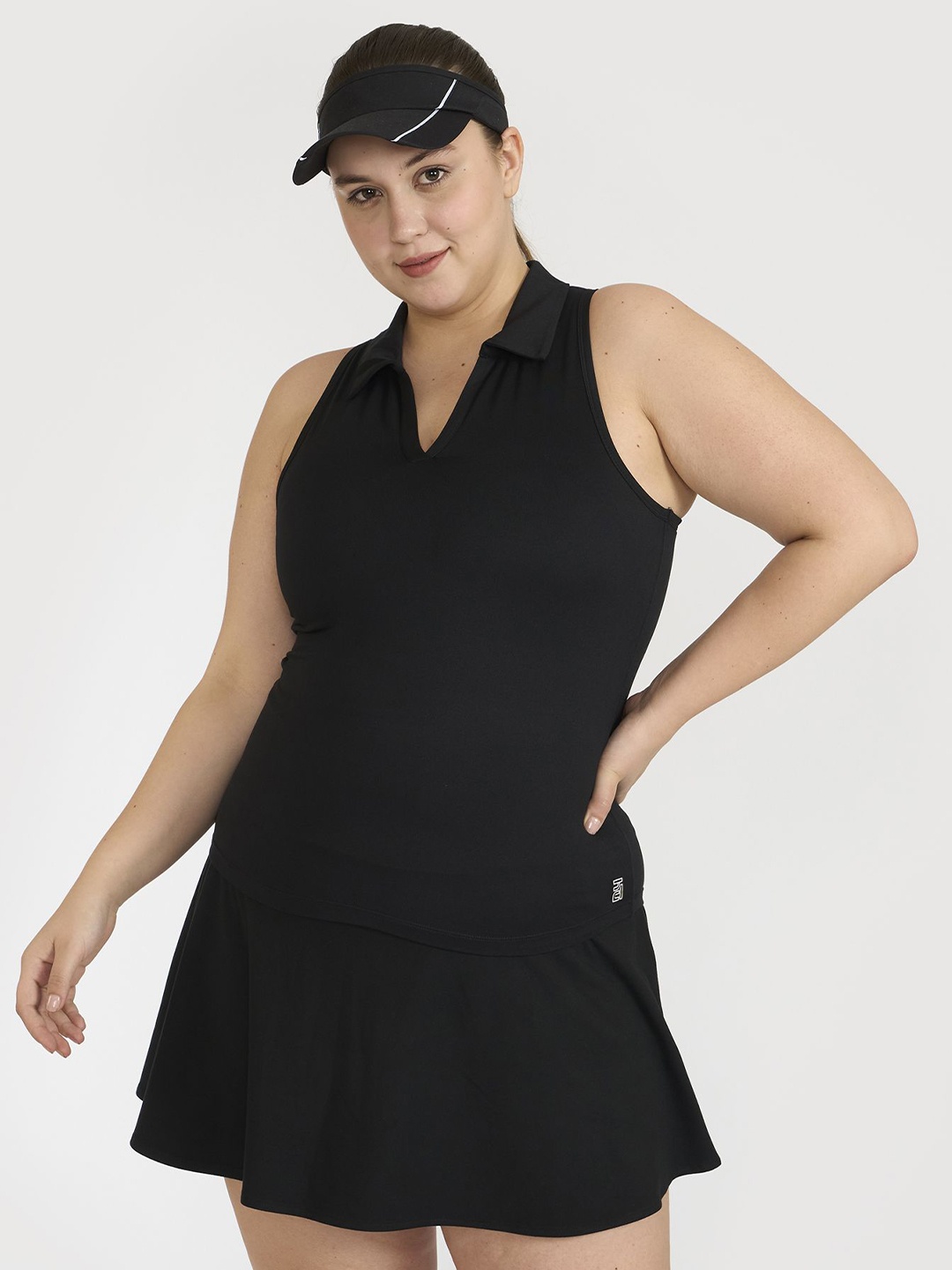 

Hunnit Women Plus Size Polo Neck Tank Top with Attached Sports Bra, Black