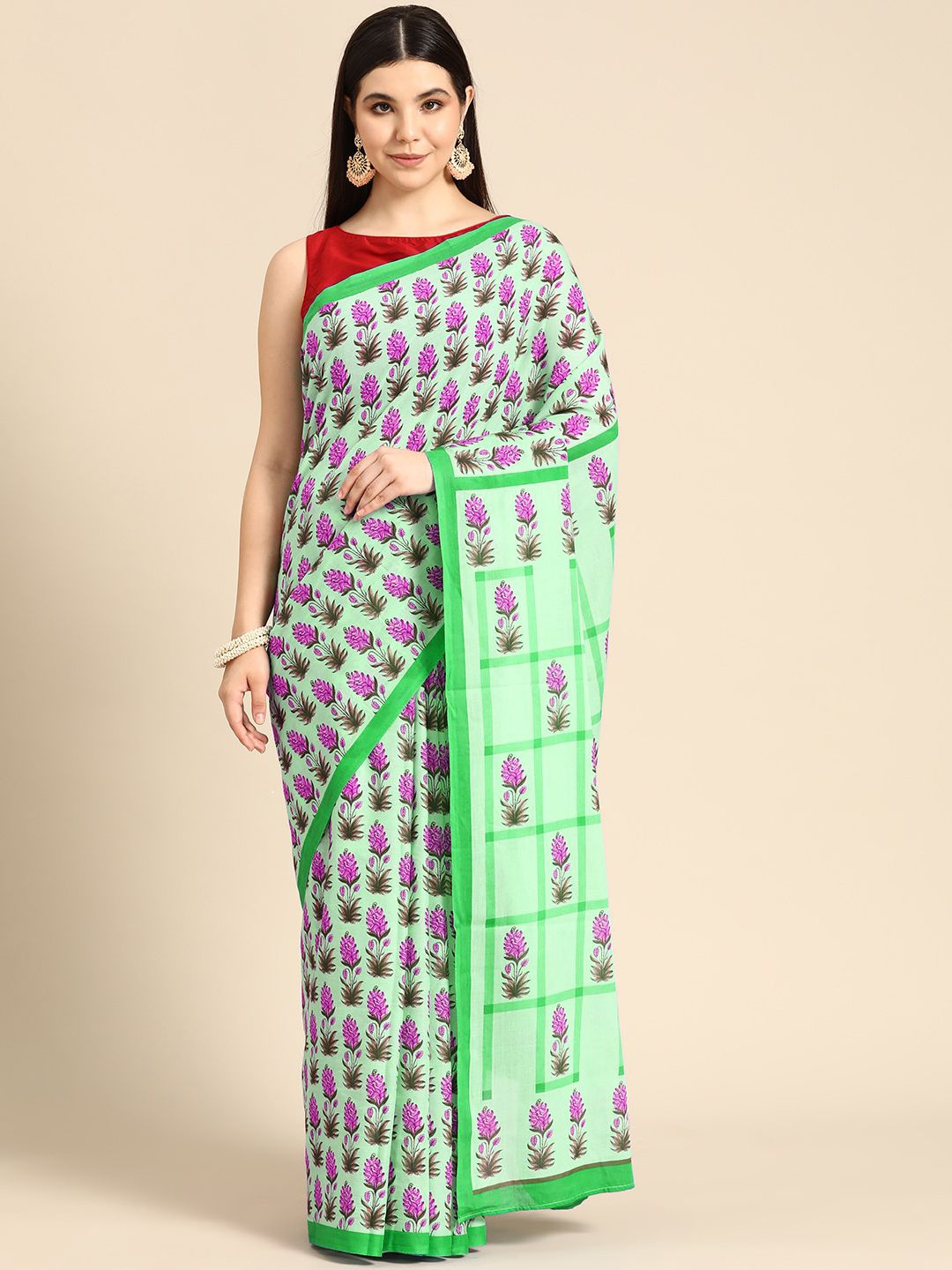 

BUTA BUTI Floral Pure Cotton Saree, Green