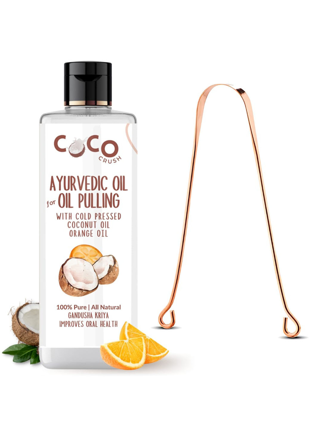 

Coco Crush Ayurvedic Coconut & Orange Oil For Oil Pulling With Copper Tongue Cleaner-100ml, Transparent