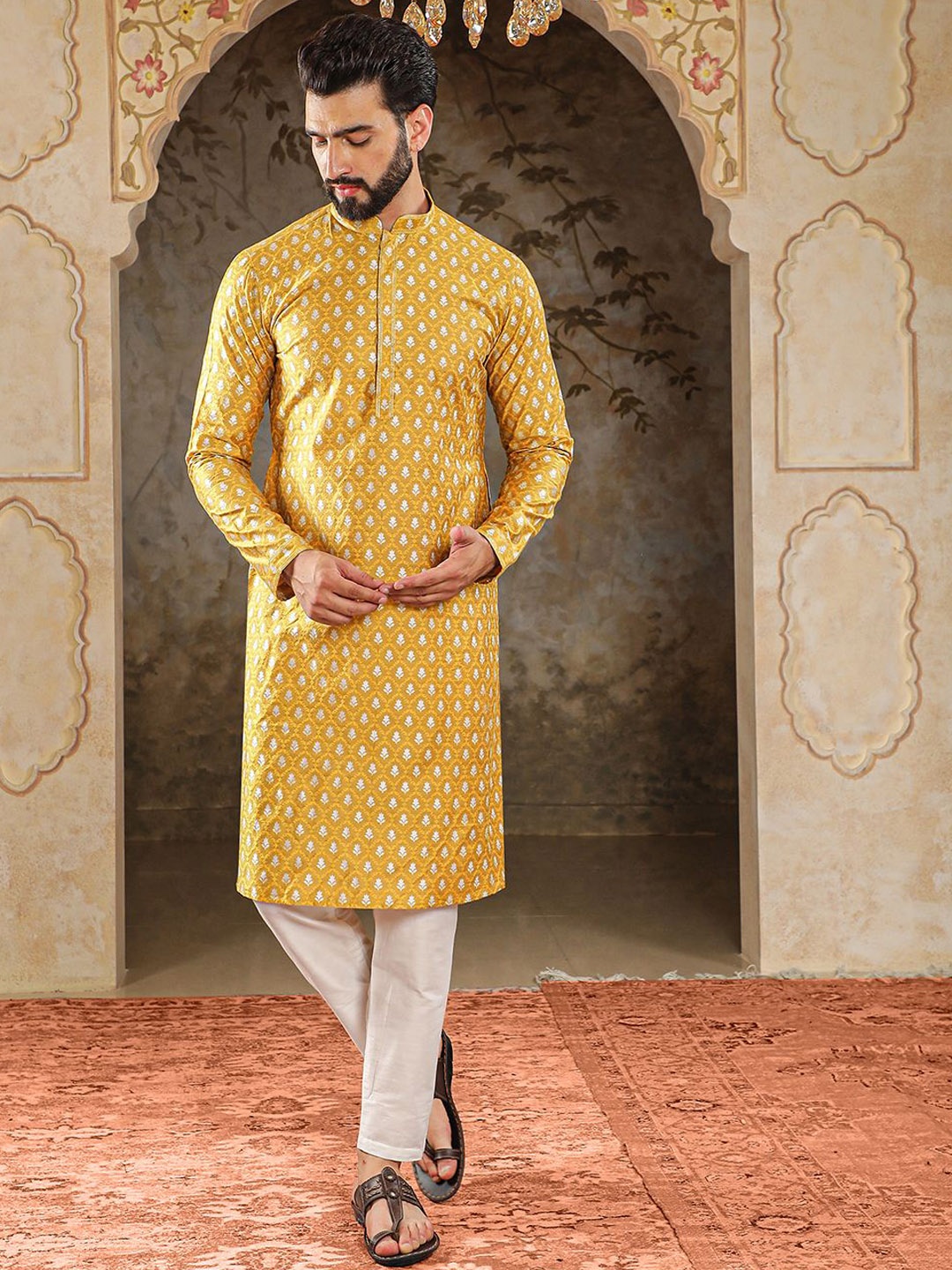 

HOUSE OF DEYANN Floral Woven Design Thread Work Jacquard Weave Straight Kurta with Pyjamas, Yellow