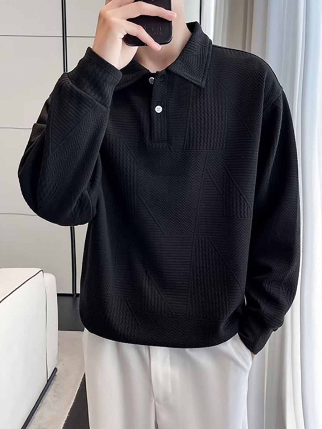 

StyleCast x Revolte Men Solid Shirt Collar Pullover Sweatshirt, Black