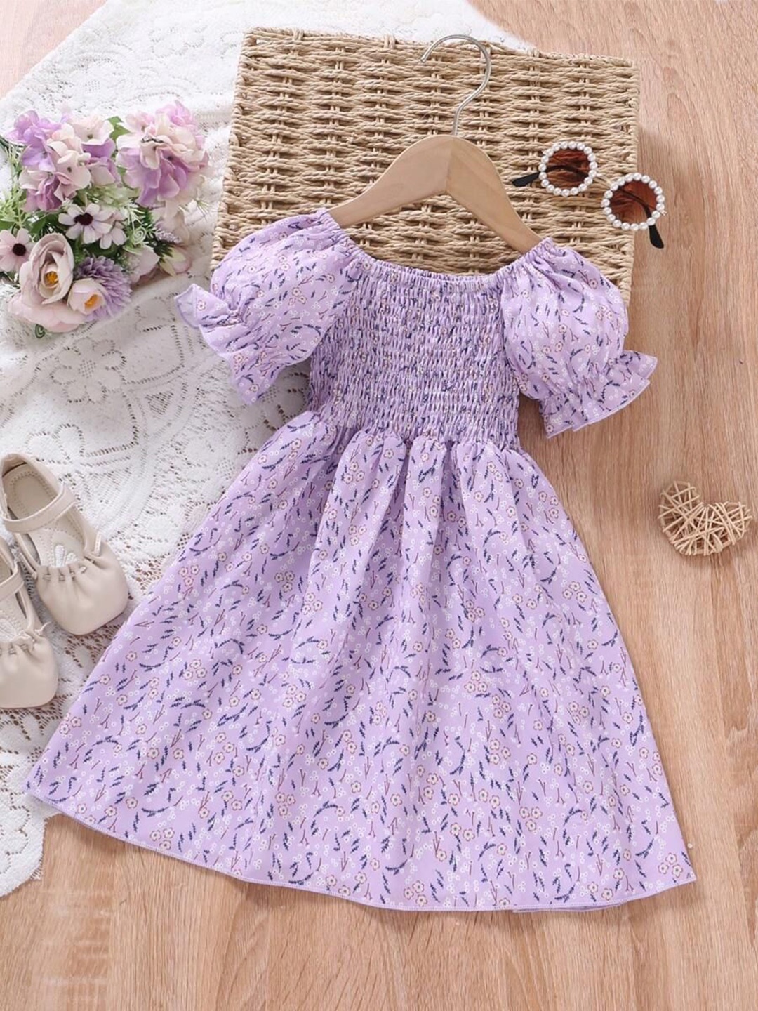 

BAESD Girls Boat Neck Puff Sleeves Floral Printed Fit & Flare Dress, Purple