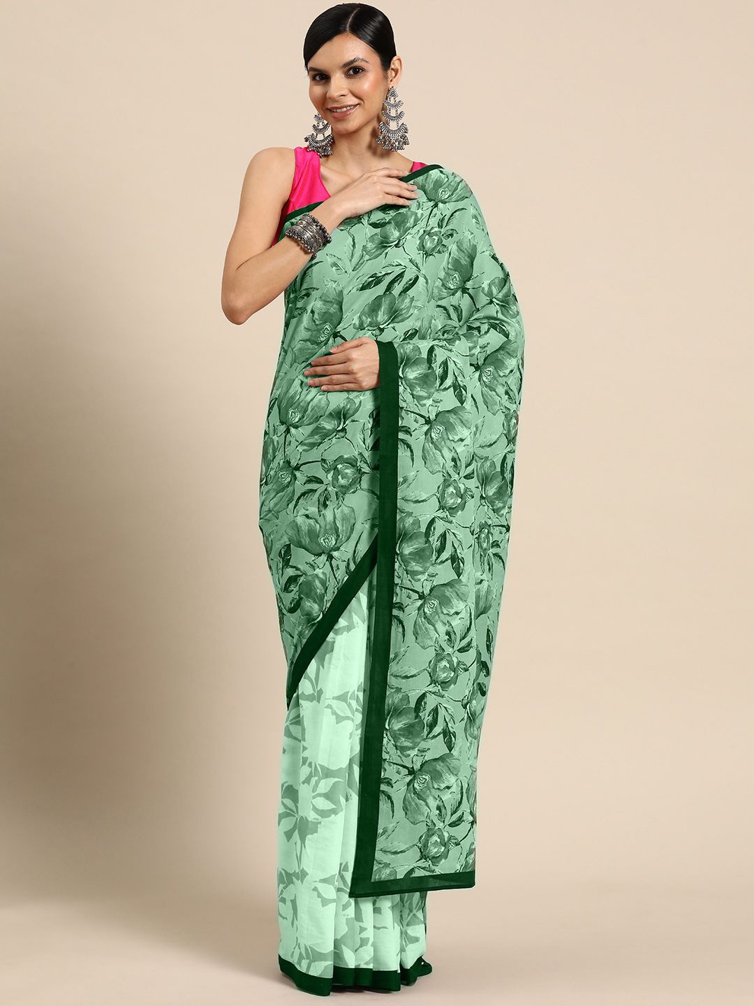 

BUTA BUTI Floral Printed Pure Cotton Saree, Green