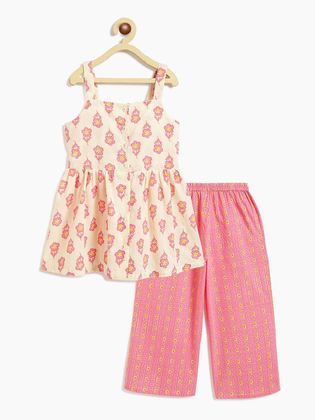 

Campana Girls Floral Printed Empire Pure Cotton Top With Palazzos, Off white