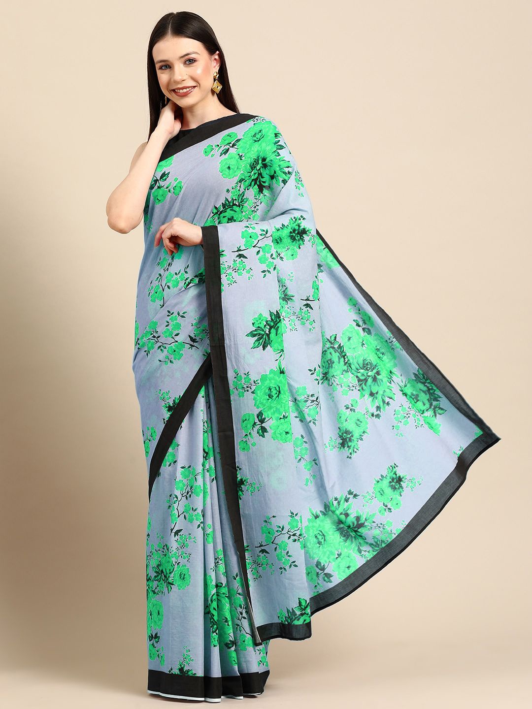 

BUTA BUTI Floral Printed Pure Cotton Saree, Grey