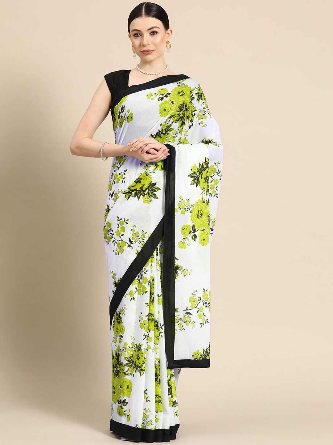 

BUTA BUTI Floral Printed Pure Cotton Saree, White