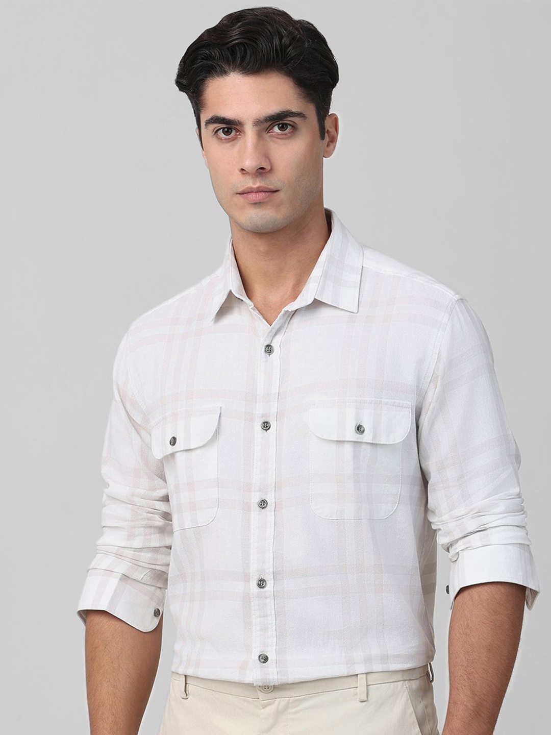 

Mufti Men Spread Collar Checked Cotton Slim Fit Casual Shirt, White