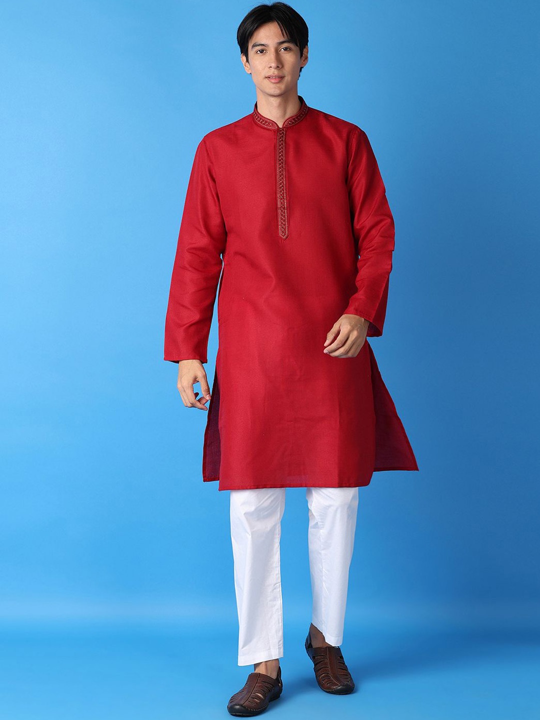 

V-Mart Mandarin Collar Thread Work Pure Cotton Straight Kurta with Pyjamas, Maroon