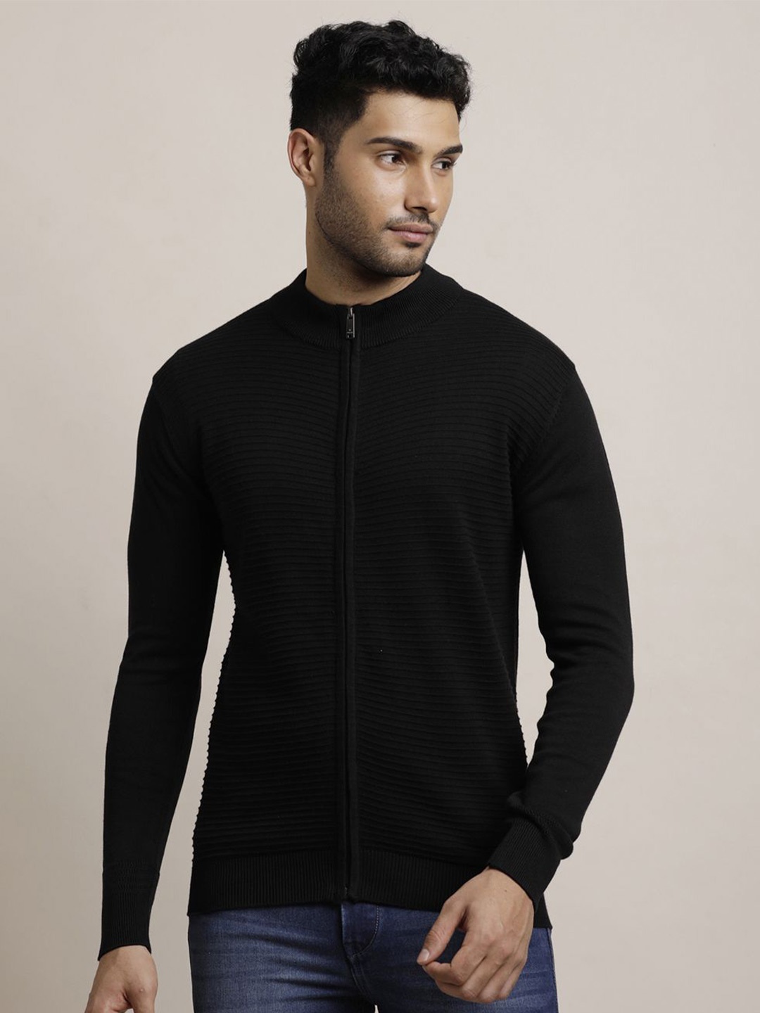 

Turtle Men Cotton Mock Collar Self Design Front-Open Sweaters, Black