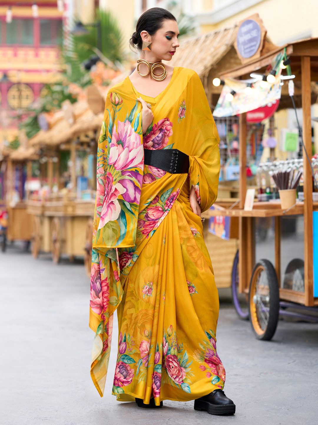 

Anouk Floral Poly Georgette Saree, Yellow