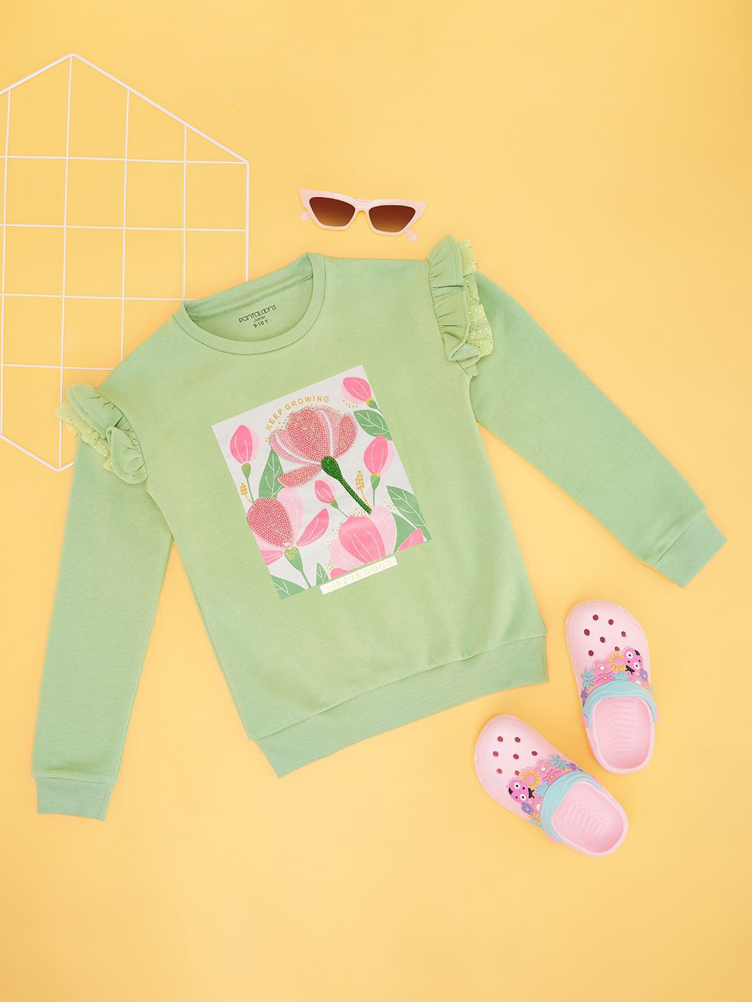 

Pantaloons Junior Girls Floral Printed Round Neck Cotton Pullover Sweatshirt, Green