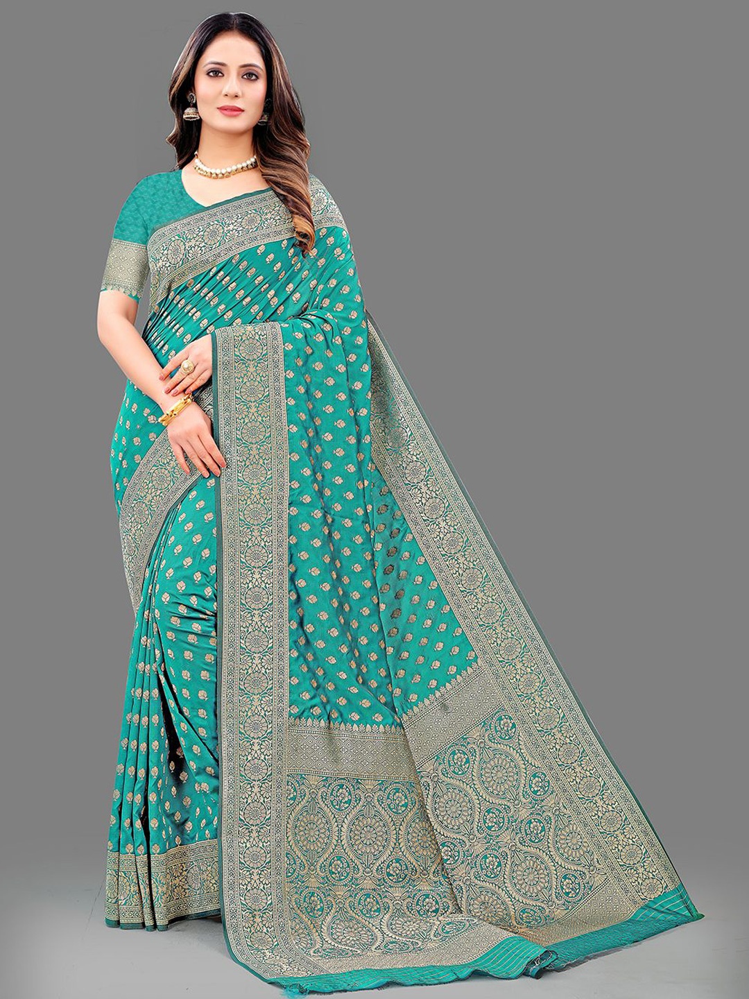 

NIWAA Woven Design Pure Silk Kanjeevaram Saree, Turquoise blue