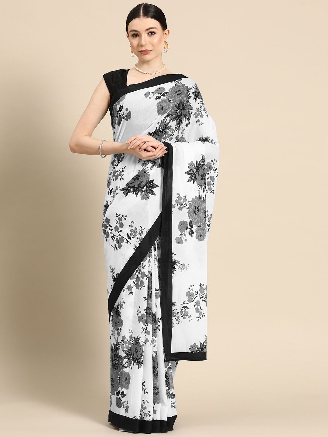 

BUTA BUTI Floral Printed Pure Cotton Saree, White