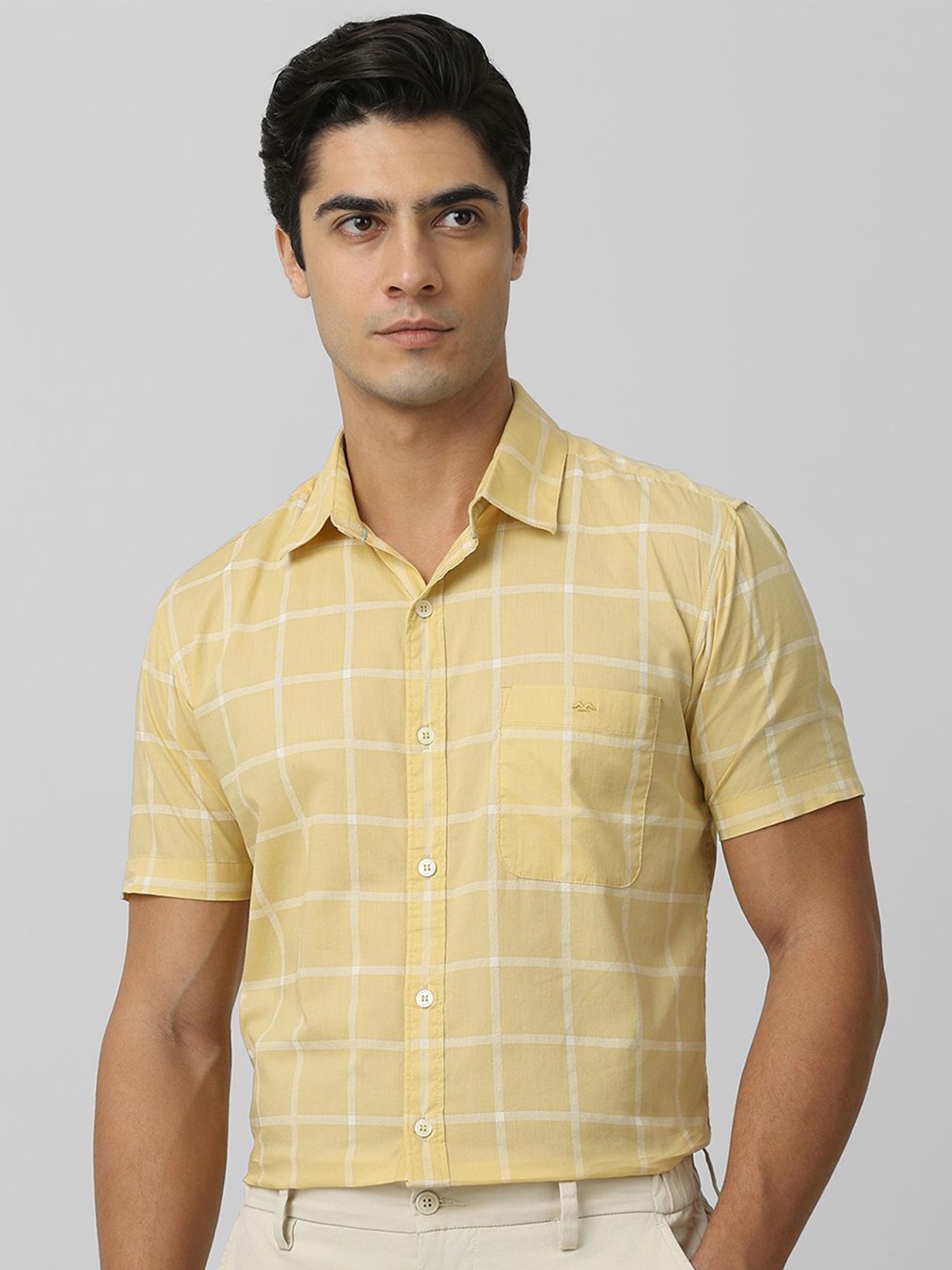 

Mufti Men Spread Collar Windowpane Checked Cotton Slim Fit Casual Shirt, Yellow
