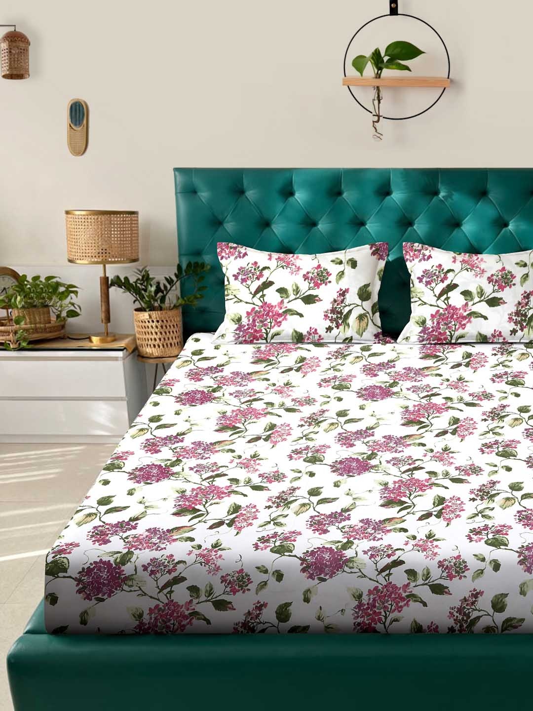 

ROSARA HOME White & Pink Floral 200 TC Queen Bedsheet with 2 Pillow Covers