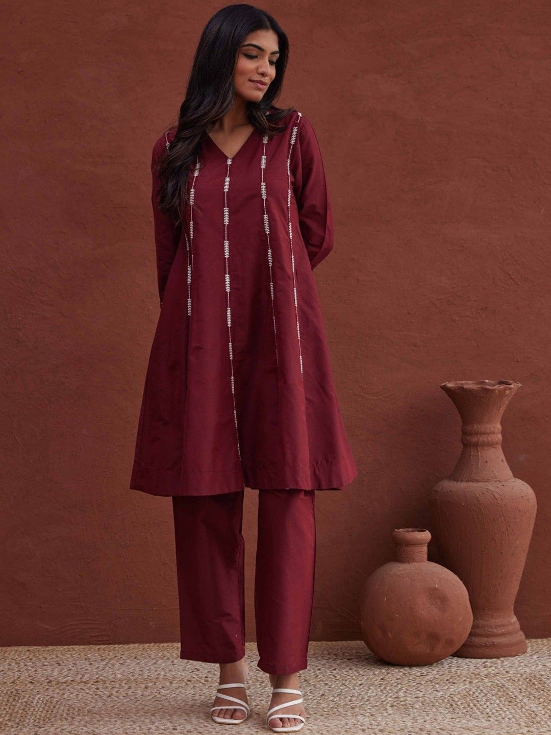 

AUTUMN LANE Geometric Embroidered Pure Cotton A-Line Kurta With Palazzo, Maroon