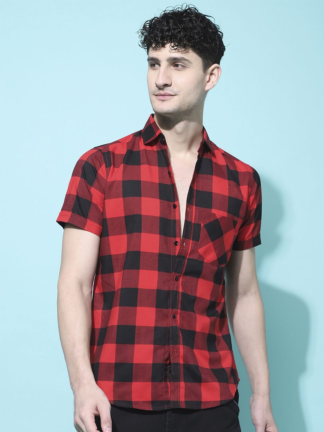 

Voroxy Men New Spread Collar Tartan Checked Cotton Casual Shirt, Red