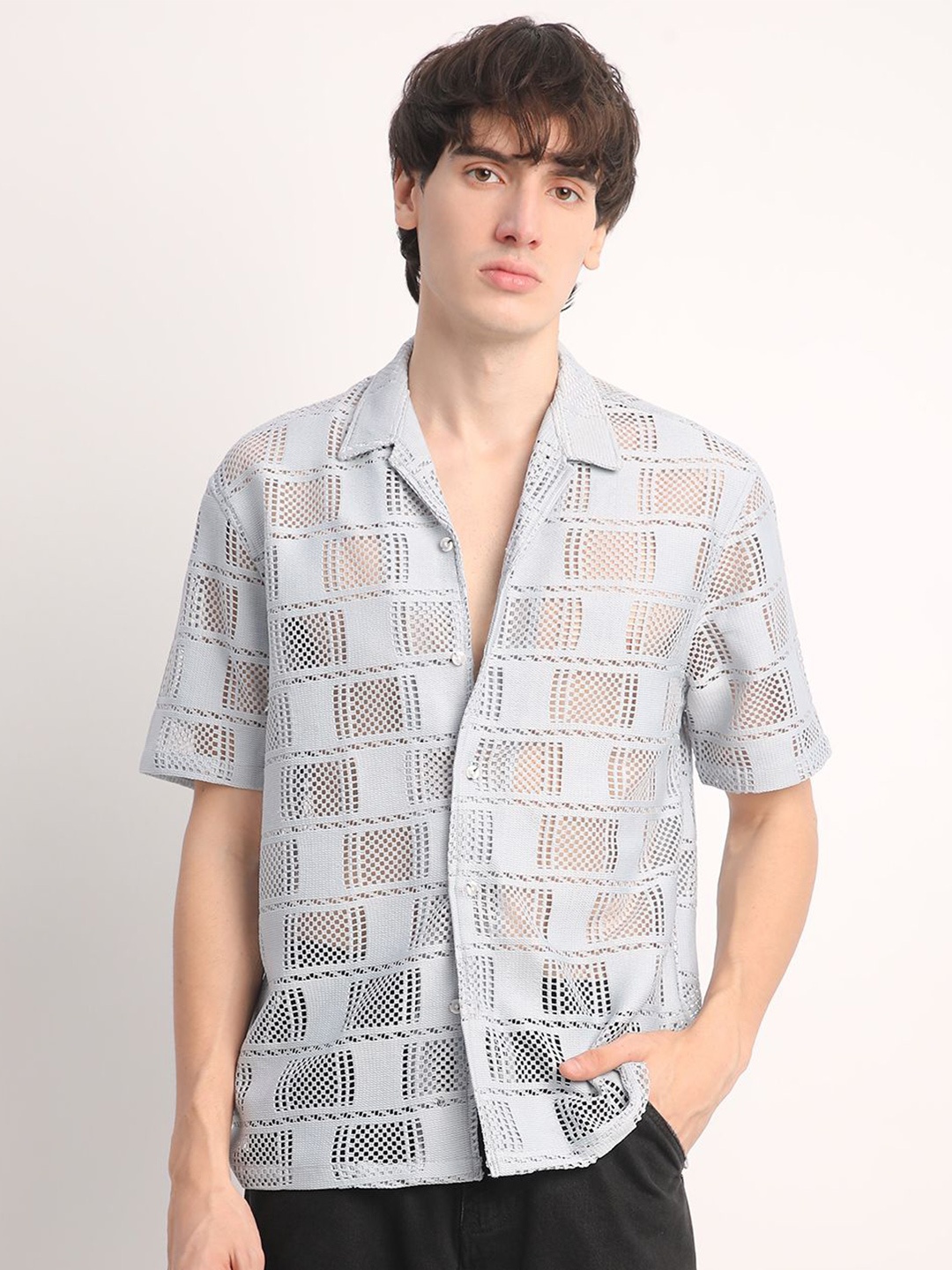 

Voroxy Men Comfort Cuban Collar Textured Polycotton Relaxed Fit Casual Shirt, Blue