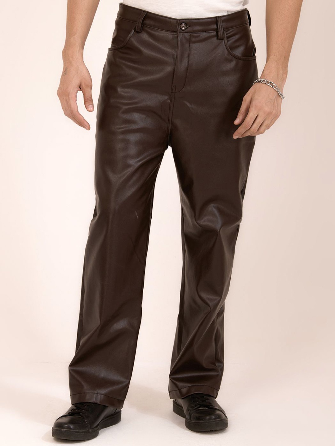 

BAESD Men Solid Smart Leather Trousers, Brown