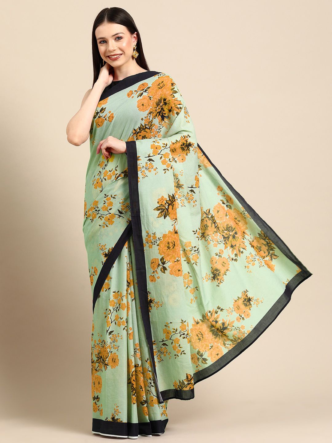 

BUTA BUTI Floral Printed Pure Cotton Saree, Green