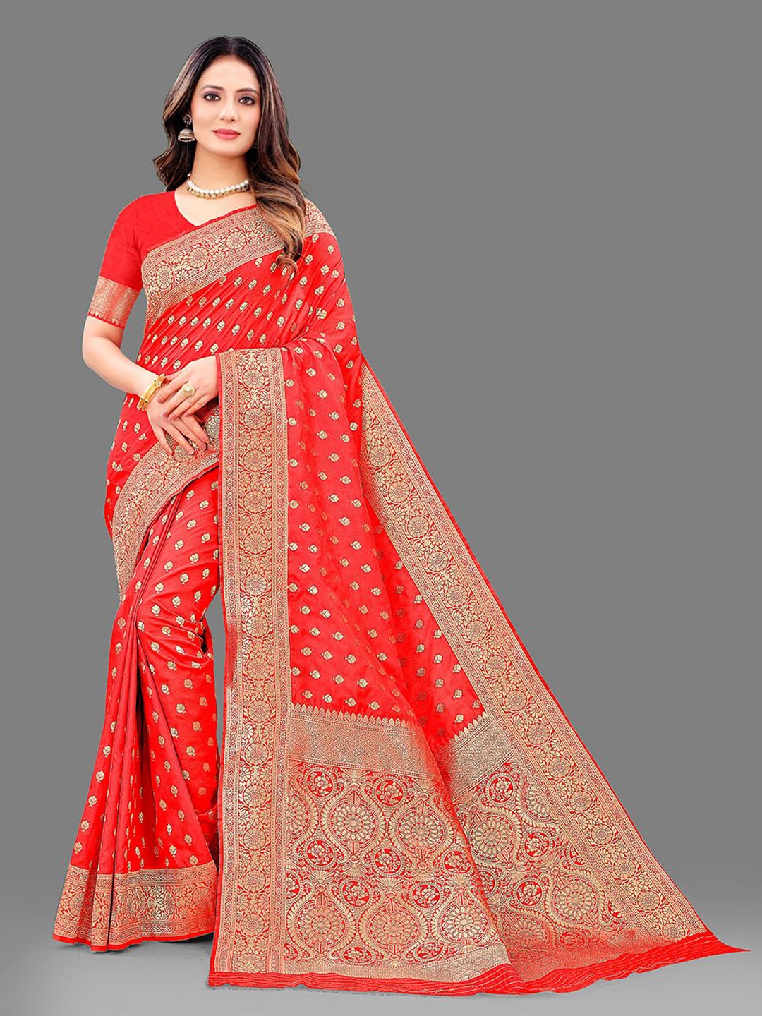 

NIWAA Woven Design Pure Silk Kanjeevaram Saree, Red