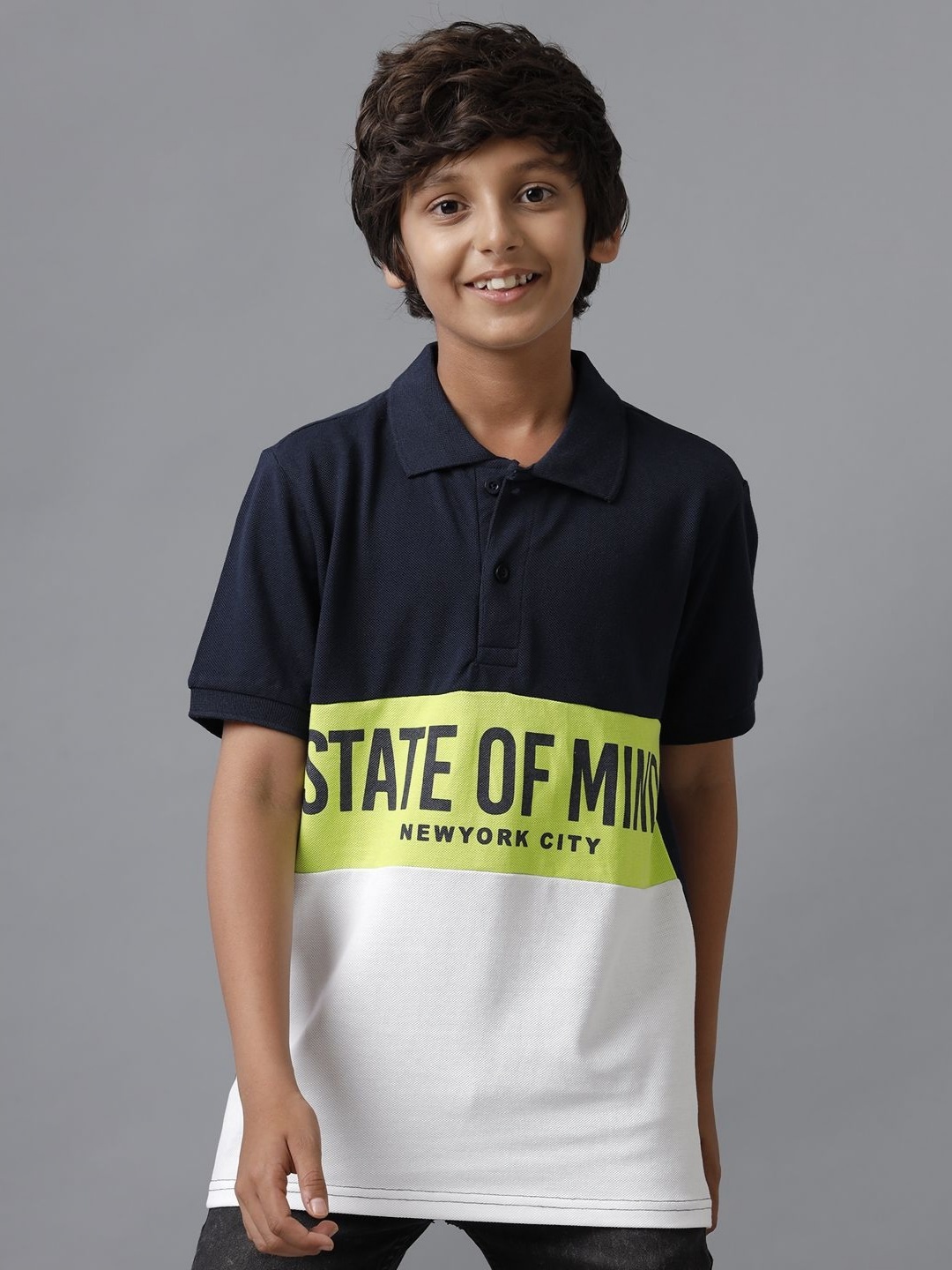 

UNDER FOURTEEN ONLY Boys Colourblocked Polo Collar Cotton T-shirt, Blue