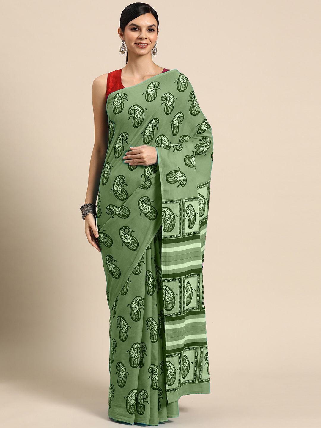 

BUTA BUTI Paisley Printed Pure Cotton Saree, Green