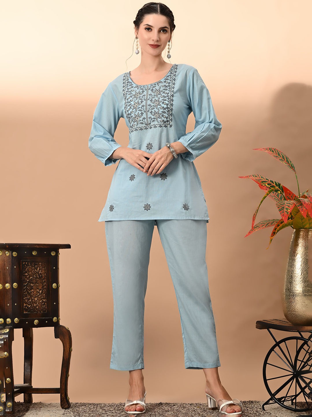 

DHROOV TARA Embroidered Pure Cotton Top & Trouser Co-Ords, Blue